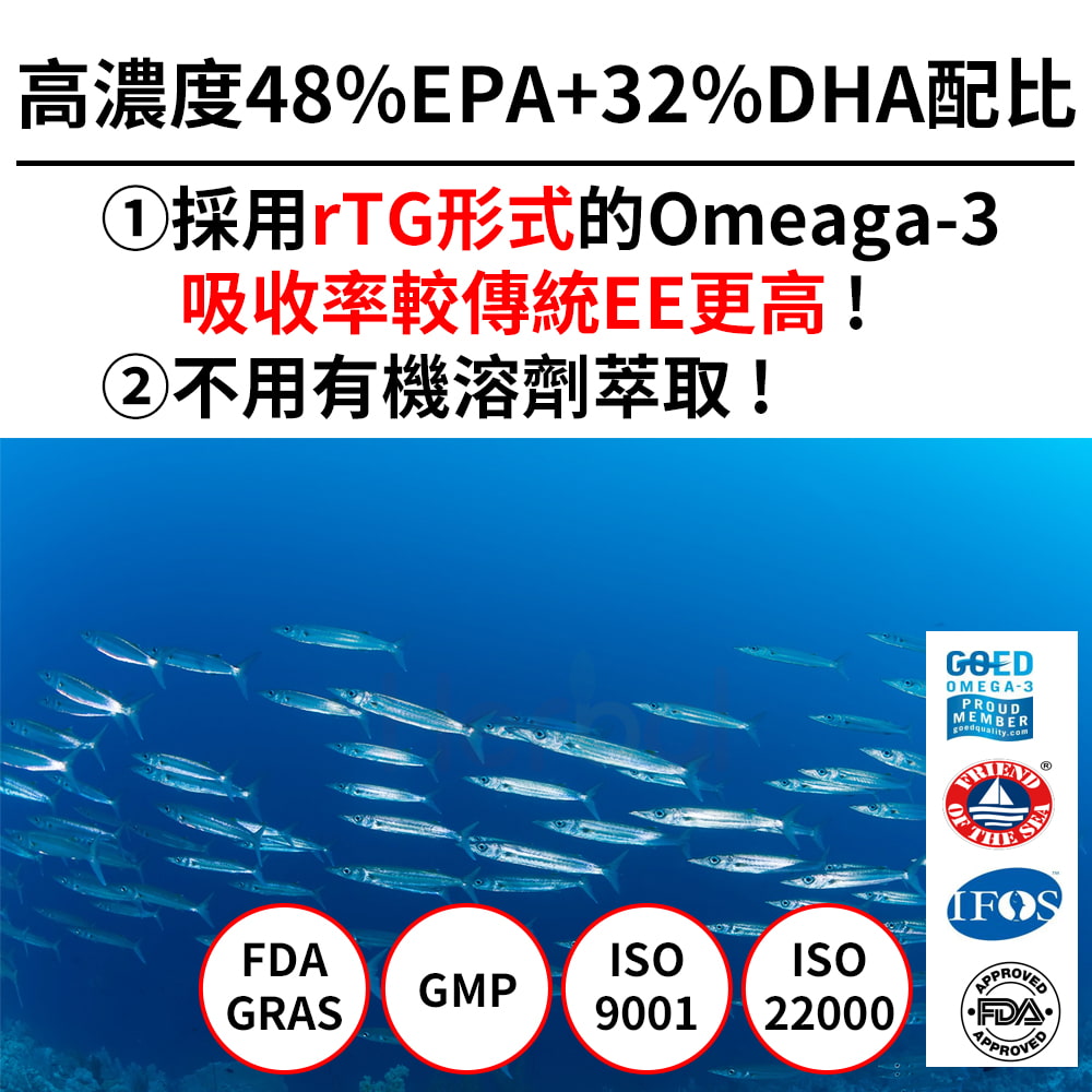 48%EPA+32%DHA①採用rTG形式的Omeaga3吸收率較傳統EE更高!②不用有機溶劑萃取!GOEDOMEGA-3PROUDMEMBERTHEFDAGRASISOISOGMP9001 22000FDAAPPROVED