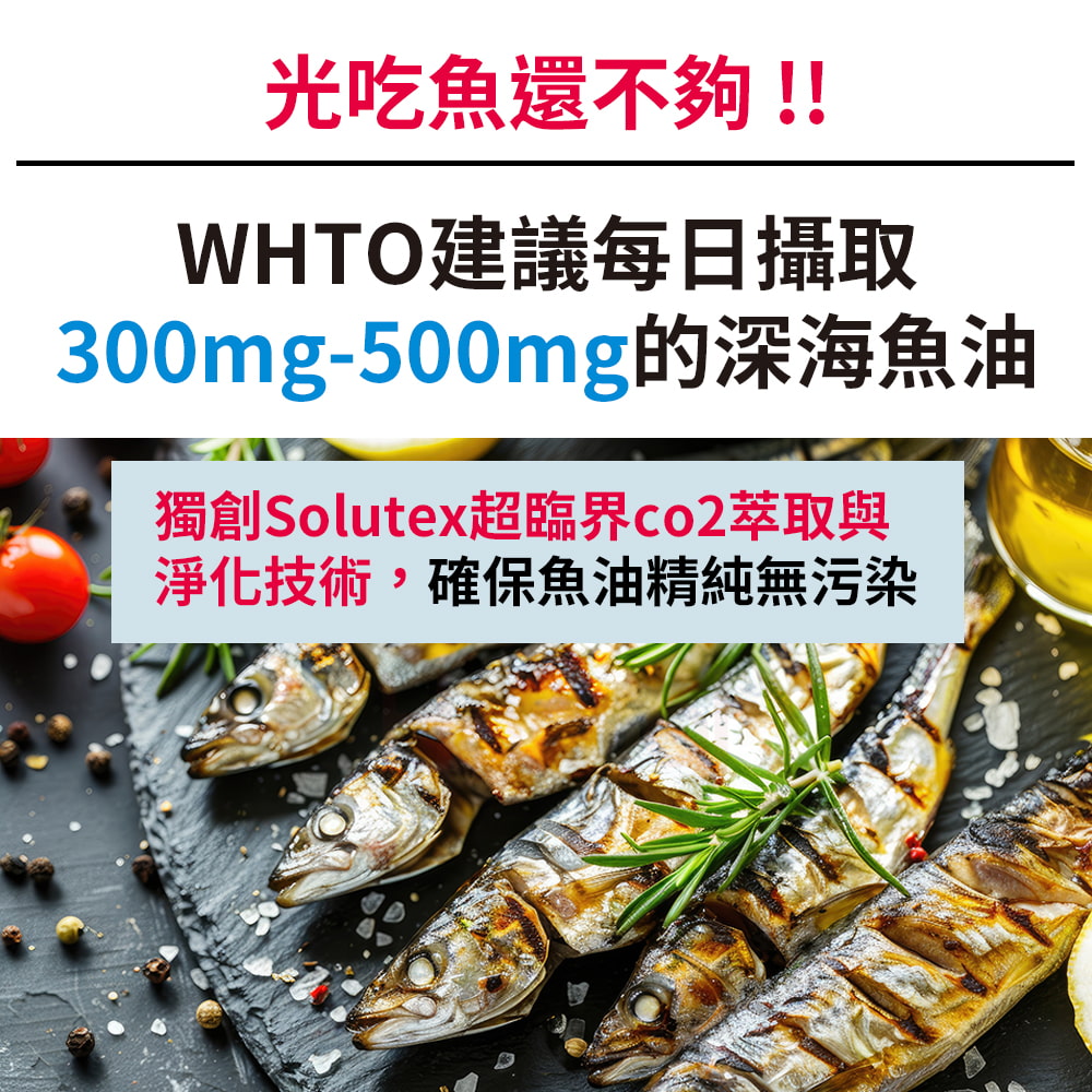 光吃魚還不夠!!WHTO建議每日攝取300mg-500mg的深海魚油獨創Solutex超臨界萃取與淨化技術,確保魚油精純無污染