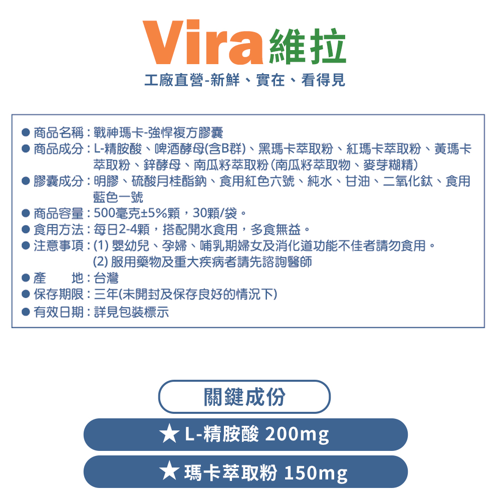 Vira維拉工廠直營-新鮮、實在、看得見商品名稱:戰神瑪卡-強悍複方膠囊商品成分:L-精胺酸、啤 酒酵母(含B群)、黑瑪卡萃取粉、紅瑪卡萃取粉、黃瑪卡萃取粉、鋅酵母、南瓜籽萃取粉(南瓜籽萃取物、麥芽糊精)膠囊成分:明膠、硫酸月桂酯鈉、食用紅色六號、純水、甘油、二氧化鈦、食用藍色一號商品容量:500毫克±5%顆,30顆/袋。●食用方法:每日2-4顆,搭配開水食用,多食無益。注意事項:(1)嬰幼兒、孕婦、哺乳期婦女及消化道功能不佳者請勿食用。產(2)服用藥物及重大疾病者請先諮詢醫師地:台灣保存期限:三年(未開封及保存良好的情況下)有效日期:詳見包裝標示關鍵成份L-精胺酸200mg★瑪卡萃取粉 150mg