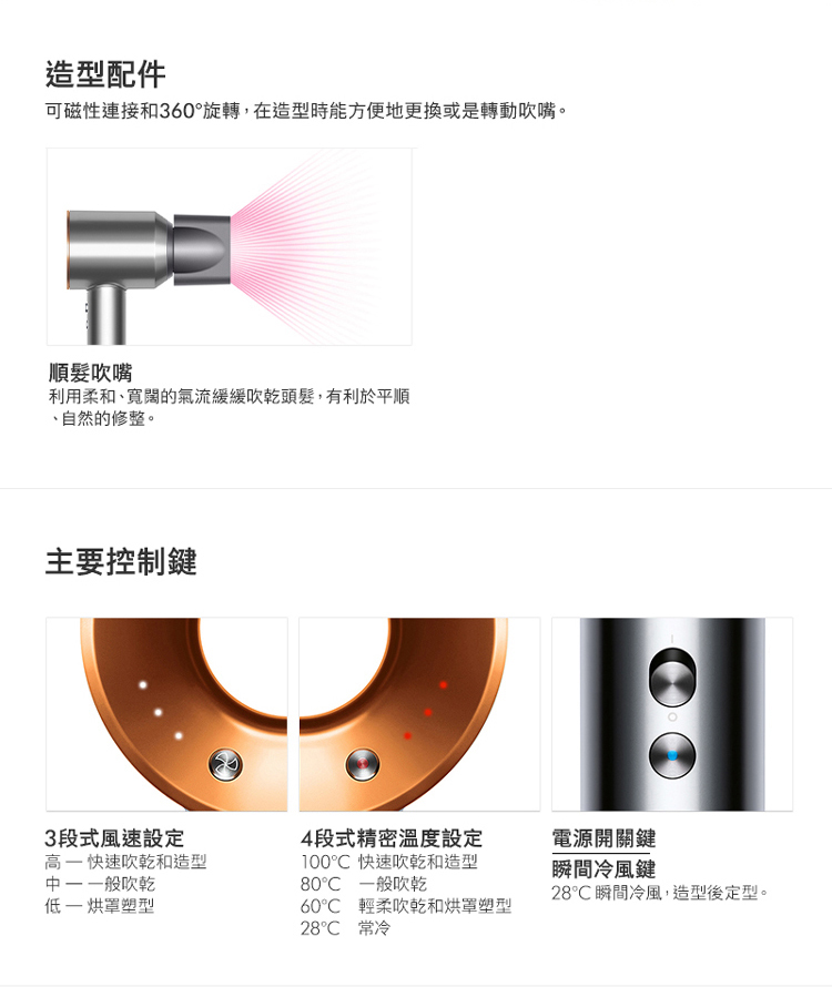 可磁性連接和360旋轉,在造型時能方便地更換或是轉動吹嘴。