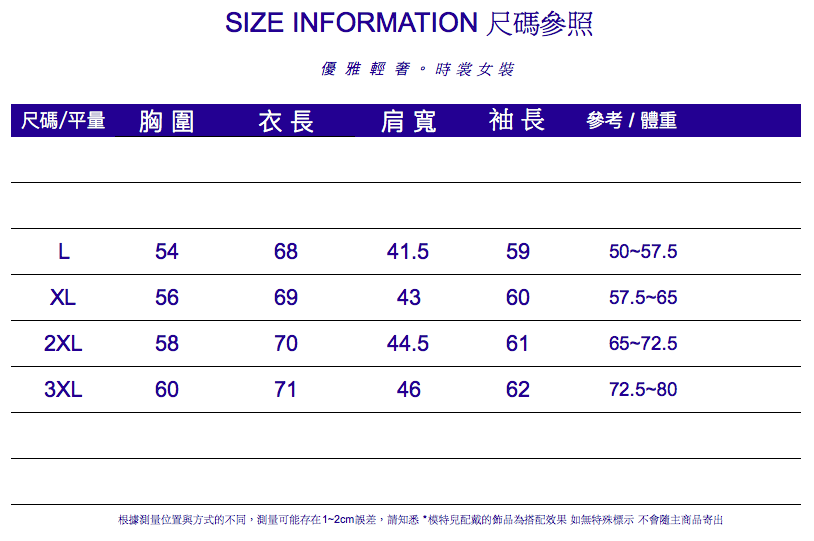 SIZE INFORMATION 尺碼參照優雅輕。時裳女裝尺碼/平量 胸圍衣長肩寬 袖長參考/體重L546841.55950-57.5XL5669436057.5-652XL587044.56165-72.53XL6071466272.5-80根據測量位置與方式的不同,測量可能存在1~2cm誤差,請知悉*配戴的為搭配效果 如無特殊標示 不會隨主商品寄出