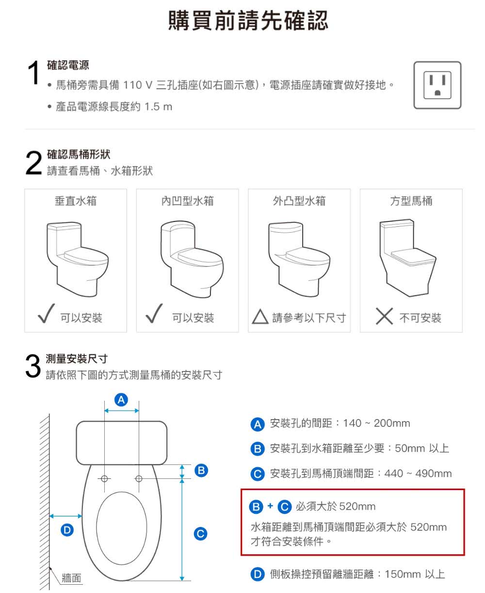 1確認電源購買前請先確認馬桶旁需具備 三孔插座(如右圖示意),電源插座請確實做好接地。產品電源線長度約1.5m確認馬桶形狀請查看馬桶、水箱形狀垂直水箱內凹型水箱外凸型水箱方型馬桶可以安裝可以安裝 請參考以下尺寸 不可安裝測量安裝尺寸請依照下圖的方式測量馬桶的安装尺寸D牆面BA 安裝孔的間距:140~200mm 安裝孔到水箱距離至少要:50mm 以上安裝孔到馬桶頂端間距:440~490mm  必須大於520mmC水箱距離到馬桶頂端間距必須大於 520mm才符合安裝條件。 側板操控預留離牆距離:150mm 以上