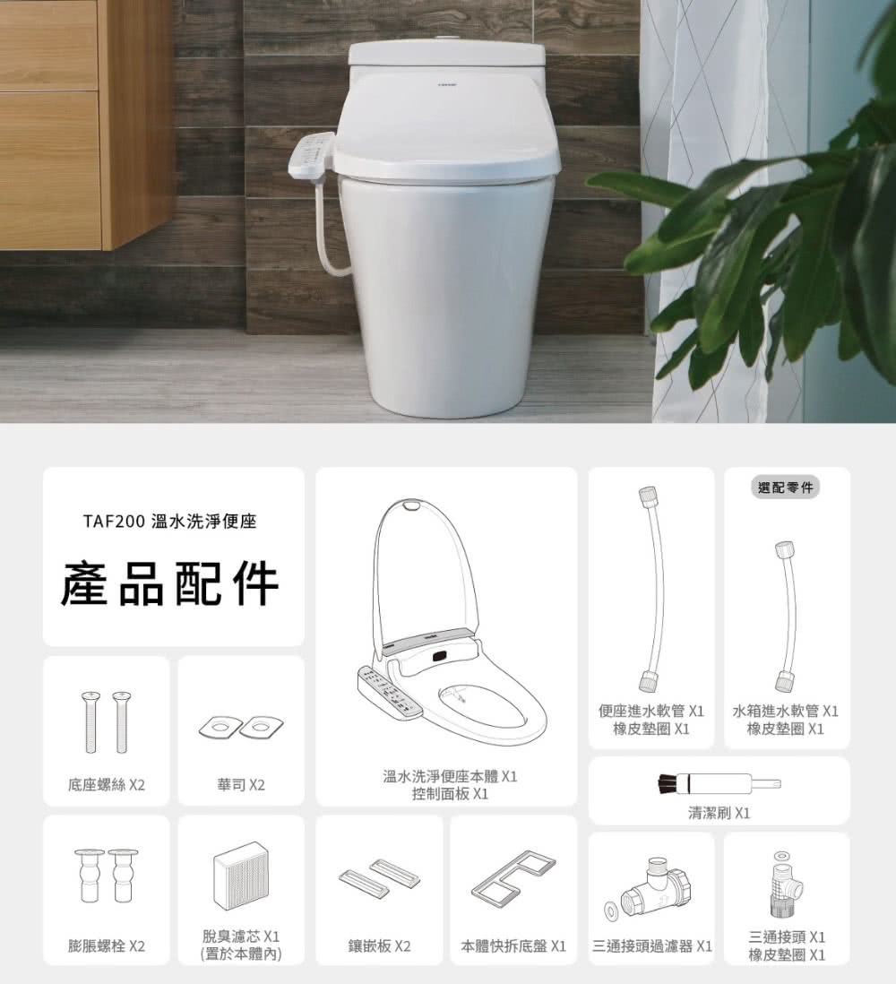 TAF200 溫水洗淨便座產品配件底座螺絲 X2華司 X2溫水洗淨便座本體X1控制面板 X1選配零件便座進水軟管 X1橡皮墊圈 X1水箱進水軟管 X1橡皮墊圈 X1清潔刷 X1脫臭濾芯 X1三通接頭 X1膨脹螺栓 X2鑲嵌板 X2本體快拆底盤 X1三通接頭過濾器X1(置於本體內)橡皮墊圈 X1