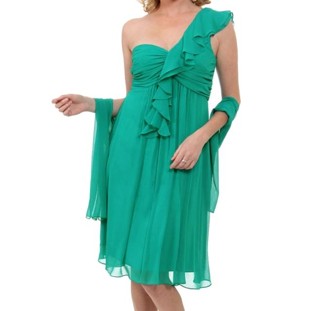 【摩達客】美國進口Landmark單邊荷葉袖浪漫紗裙翠綠派對小禮服/洋裝(含禮盒/附絲巾)