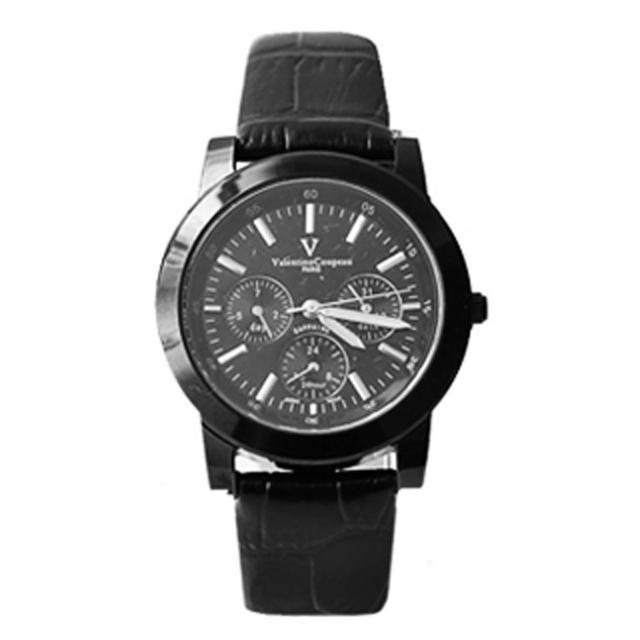 【范倫鐵諾˙古柏】全黑真三眼設計皮革手錶 藍寶石水晶 原廠公司貨