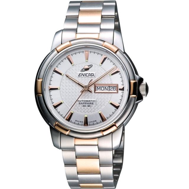 【ENICAR】航行經典日曆機械腕錶-銀/雙色版/41mm(168-50-335G)
