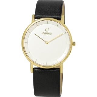 【OBAKU】纖薄哲學二針時尚腕錶-黑帶金框白/皮帶(V143GGWRB)