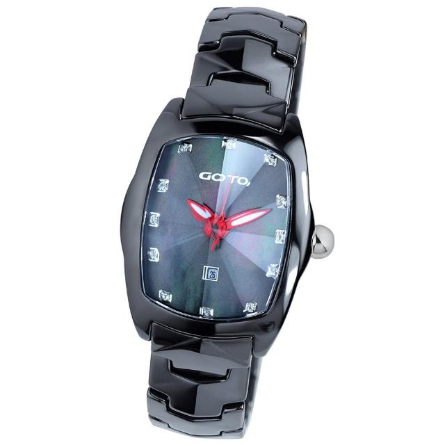 【GOTO】簡約晶鑽陶瓷腕錶(黑x紅色指針)