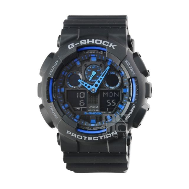 好物推薦-【CASIO】CASIO 卡西歐G-SHOCK 雙顯重機鬧鈴電子錶-黑藍(GA-100-1A2)