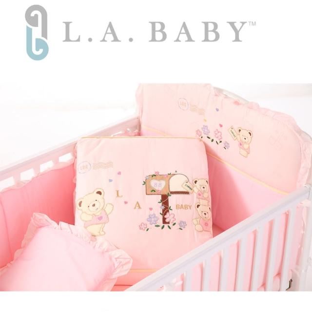 【美國 L.A. Baby】熊寶貝純棉七件式寢具組（M）(MIT 藍色/粉色/米色)網路熱賣