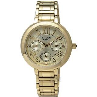 【CASIO】Sheen 氣質典雅施華洛世奇三環不鏽鋼腕錶 金色 34mm(SHE-3034GD-9A)