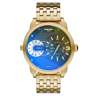 【DIESEL】航行者二地時間個性時尚腕錶-黑面金x鍍膜鏡面(DZ7341)