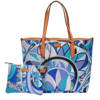 【EMILIO PUCCI】幾何印花牛皮飾邊子母包(中-粉紅-附萬用小袋41BE15-41229-H59)