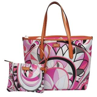 【EMILIO PUCCI】幾何印花牛皮飾邊子母包(中-松石綠-附萬用小袋41BE15-41229-H58)