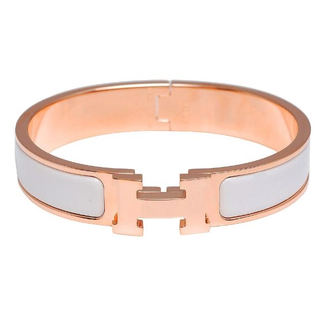 【HERMES】H LOGO琺瑯細版手環(白X玫瑰金H700001F-WHI-ROSE GOLD)買到賺到