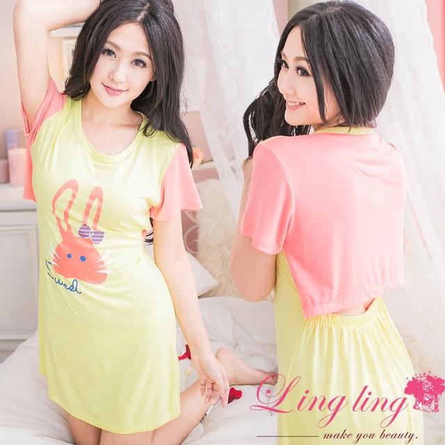 【lingling日系】PA2354全尺碼-牛奶絲露腰塗鴉兔子連身睡衣(俏麗黃)限量出清