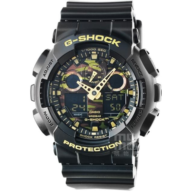 【CASIO】卡西歐G-SHOCK 雙顯鬧鈴電子錶-迷彩金(GA-100CF-1A9)促銷商品