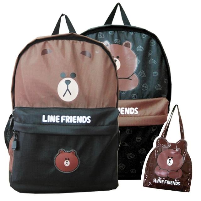 【LINE FRIENDS】休閒後背包+輕質萬用袋(黑/咖_無辜熊大LI10)超值商品