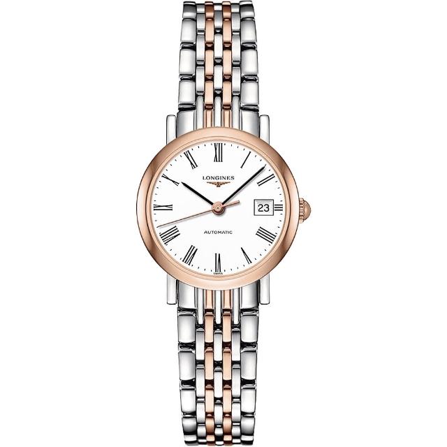 【LONGINES】Elegant 優雅系列羅馬機械女錶-白x雙色版/25.5mm(L43095117)