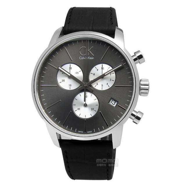 【Calvin Klein】CITY 優雅光環計時指針皮革腕錶 灰x銀框x黑 43mm(K2G271CX)讓你愛不釋手