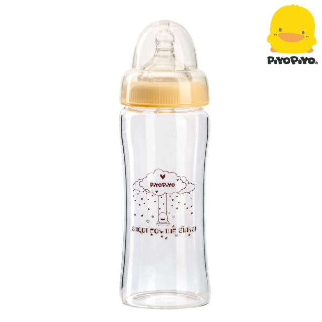 【黃色小鴨PiyoPiyo】寬口徑輕晶鑽葫蘆玻璃奶瓶(280ml)
