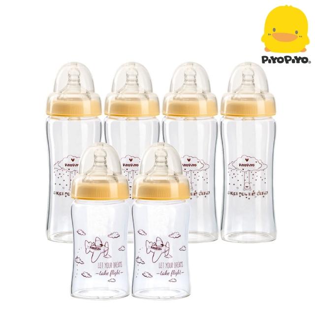 【黃色小鴨PiyoPiyo】寬口徑輕晶鑽葫蘆玻璃奶瓶6入組(180mlx2+280mlx4)產品介紹