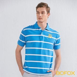 【BOFOX 寶狐】字母刺繡條紋POLO衫(藍白)