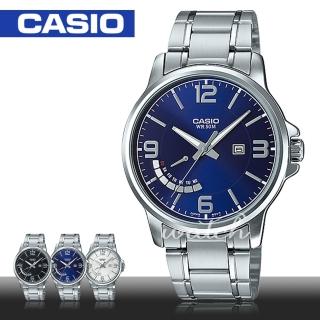 【CASIO 卡西歐】簡單時尚_不鏽鋼藍面指針男錶(MTP-E124D)