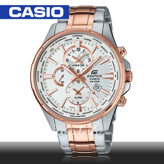 【CASIO 卡西歐 EDIFICE 系列】優雅紳士錶款_不鏽鋼三眼計時玫瑰金男錶(EFR-304SG)特價