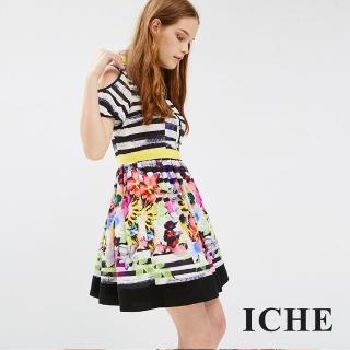 【ICHE 衣哲】刷色條紋花朵印花洋裝