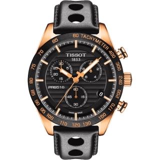 【TISSOT】PRS516 三眼計時腕錶-黑x玫塊金框/42mm(T1004173605100)