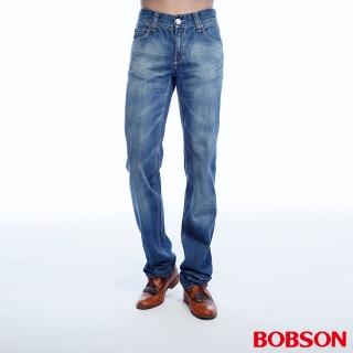 【BOBSON】男款貓鬚刷白直筒褲(藍1785-53)
