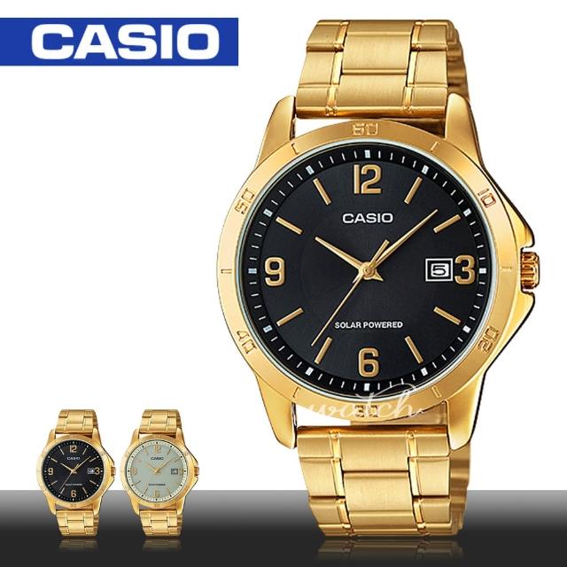 【CASIO 卡西歐】金色大方 不鏽鋼 太陽能 指針型石英 男錶(MTP-VS02G)