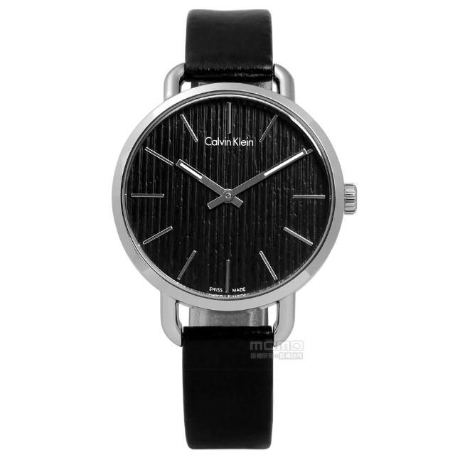 【Calvin Klein】EVEN 沉靜雅緻岩紋皮革手錶 黑色 36mm(K7B231C1)試用文