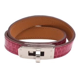 【HERMES】經典Kelly Double Tour銀色轉釦鱷魚皮革二圈手環(紫紅X銀H066303CK-Fuchsia-SS-M)
