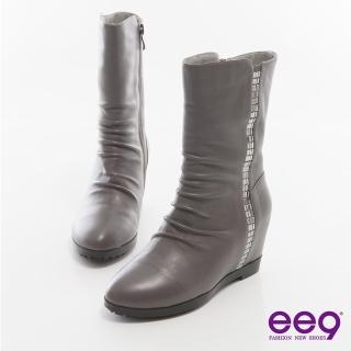 【ee9】時尚心機-百搭素面自然抓皺內增高中筒靴-灰色(中筒靴)