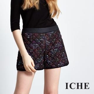 【ICHE 衣哲】菱格銜縫繽紛印花短褲