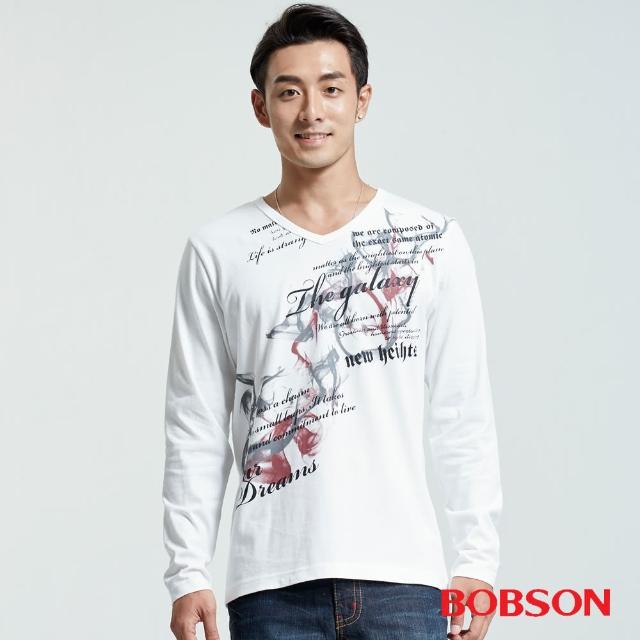 【BOBSON】男款V領印圖上衣(白36014-80)新品上市