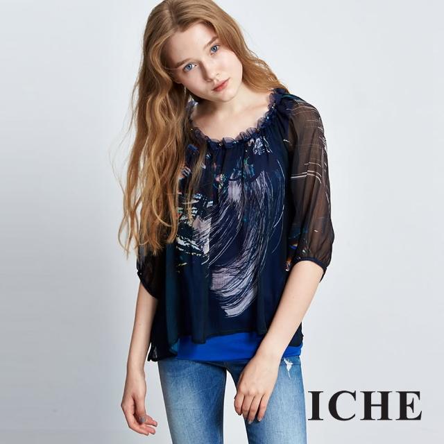 【ICHE 衣哲】假兩件印花透視拼接上衣熱銷產品