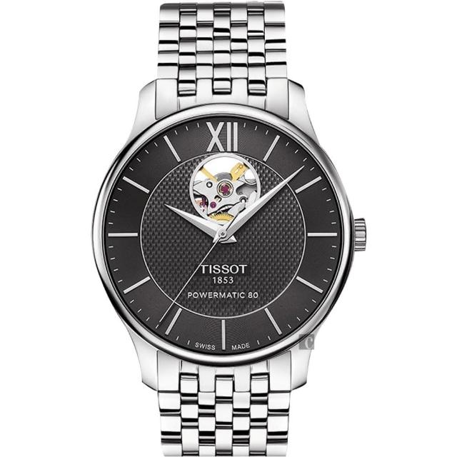 【TISSOT】天梭 Tradition 80小時動力鏤空機械腕錶-黑/40mm(T0639071105800)