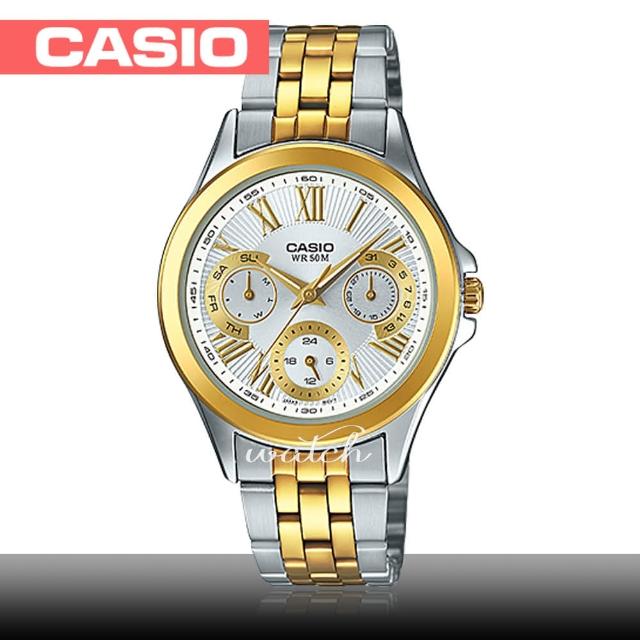 【CASIO 卡西歐】時尚精選_不鏽鋼錶帶_礦物玻璃_三眼顯示_羅馬數字_指針女錶(LTP-E308SG)網路狂銷