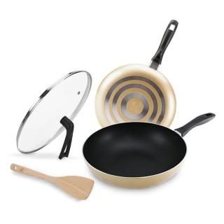 【CookPower 鍋寶】金鑽不沾鍋雙鍋四件組-28CM-香檳金(28CM炒鍋+28CM平底鍋+蓋+木鏟)