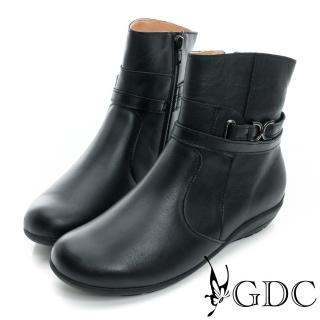 【GDC】個性-雙繞帶拉鍊楔型低跟真皮短靴-黑色(629126)