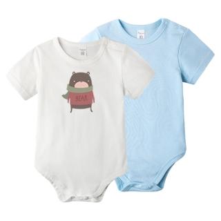 【baby童衣】任選 純棉短袖數位印花素面包屁衣 2件組 61119(圍巾熊+藍)