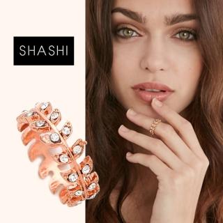 【SHASHI】紐約品牌 Amelia 鑲鑽葉子圓形戒指 小寬版925純銀鑲18K玫瑰金(鑲鑽葉子)