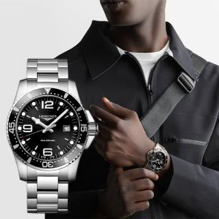 【LONGINES】浪琴 征服者300米潛水石英腕錶-黑x銀/44mm(L38404566)