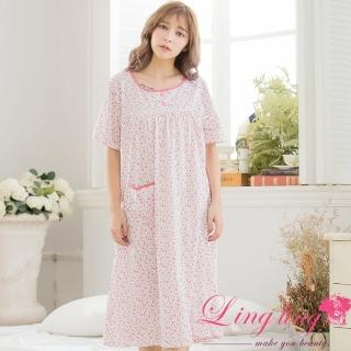 【lingling日系】PA3309大尺碼-小碎花圖案棉質短袖長版連身裙睡衣(甜紅粉)