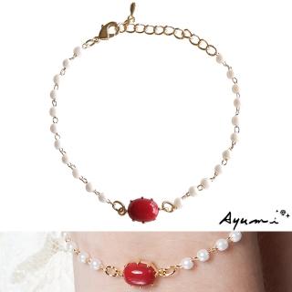 【Ayumi】珍珠串橢圓寶石手鍊(紅色)