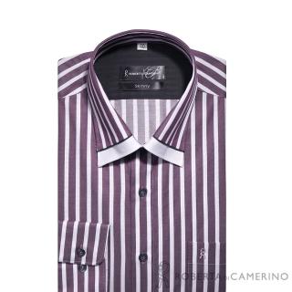 【ROBERTA諾貝達】進口素材 台灣製 合身版 透氣 純棉雙色條紋長袖襯衫(紫色)