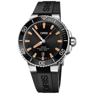 【ORIS 豪利時】Aquis 時間之海潛水300米日期機械錶-橘時標/43.5mm(0173377304159-0742464EB)